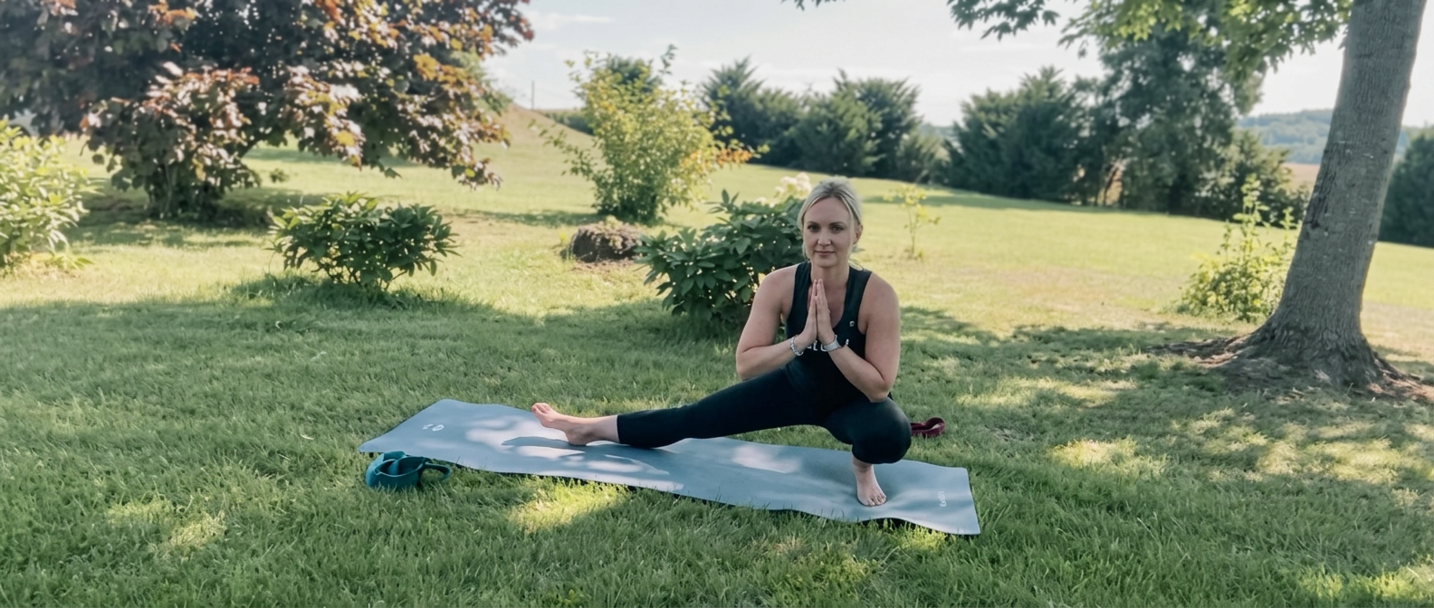 Tina Auerbach bei einer Yogaübung im Garten